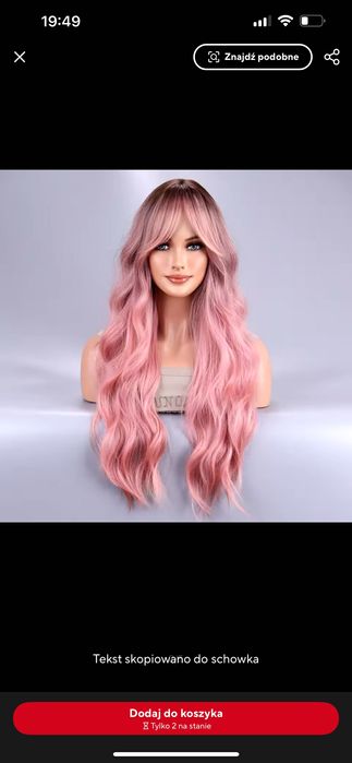 Nowa różowa peruka damska długa falowana kręcona z grzywką naturalna