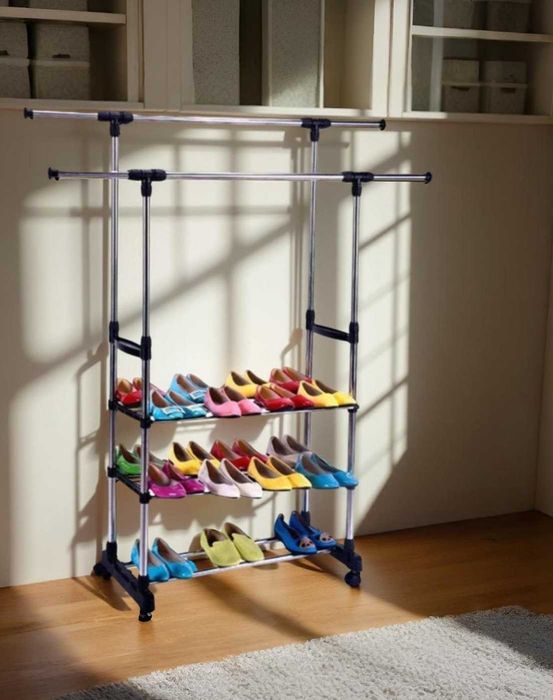 Телескопічна вішалка з полицями для взуття для маленької прихожої