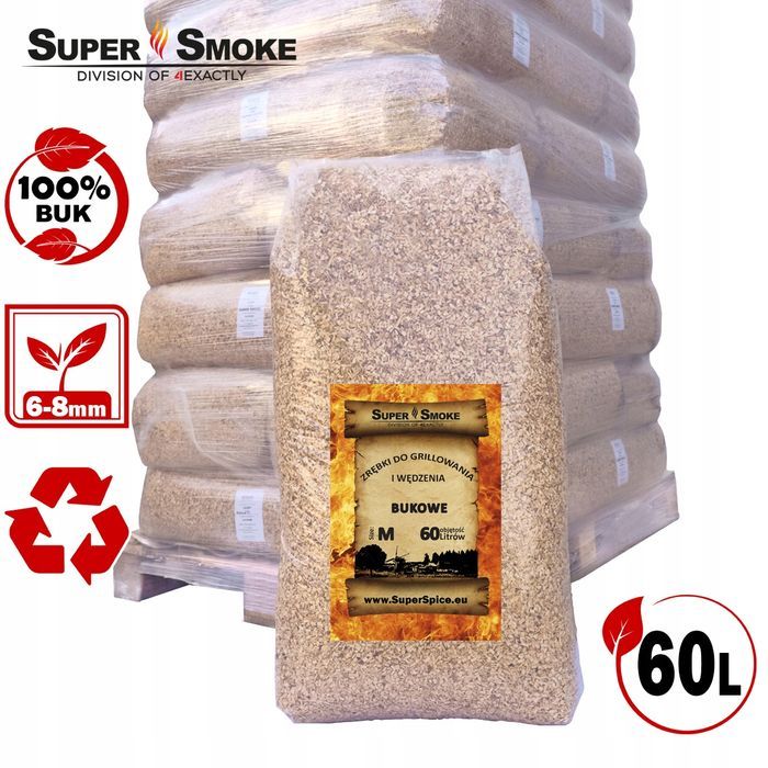 Zrębki Wędzarnicze Super Smoke BUK KL-08 (6-8mm) Medium 60 Litrów