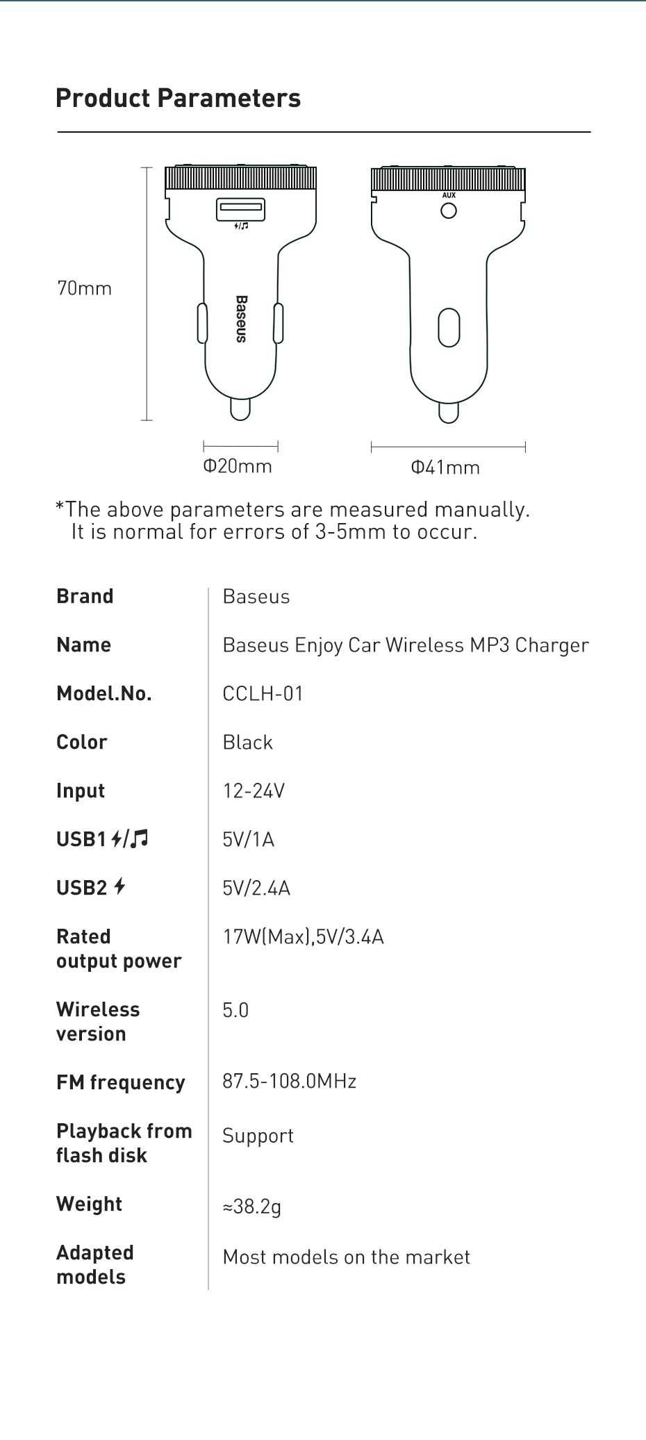 FM/AUX трансмиттер модулятор Baseus CCLH-01 Bluetooth 5.0 MP3 VAW