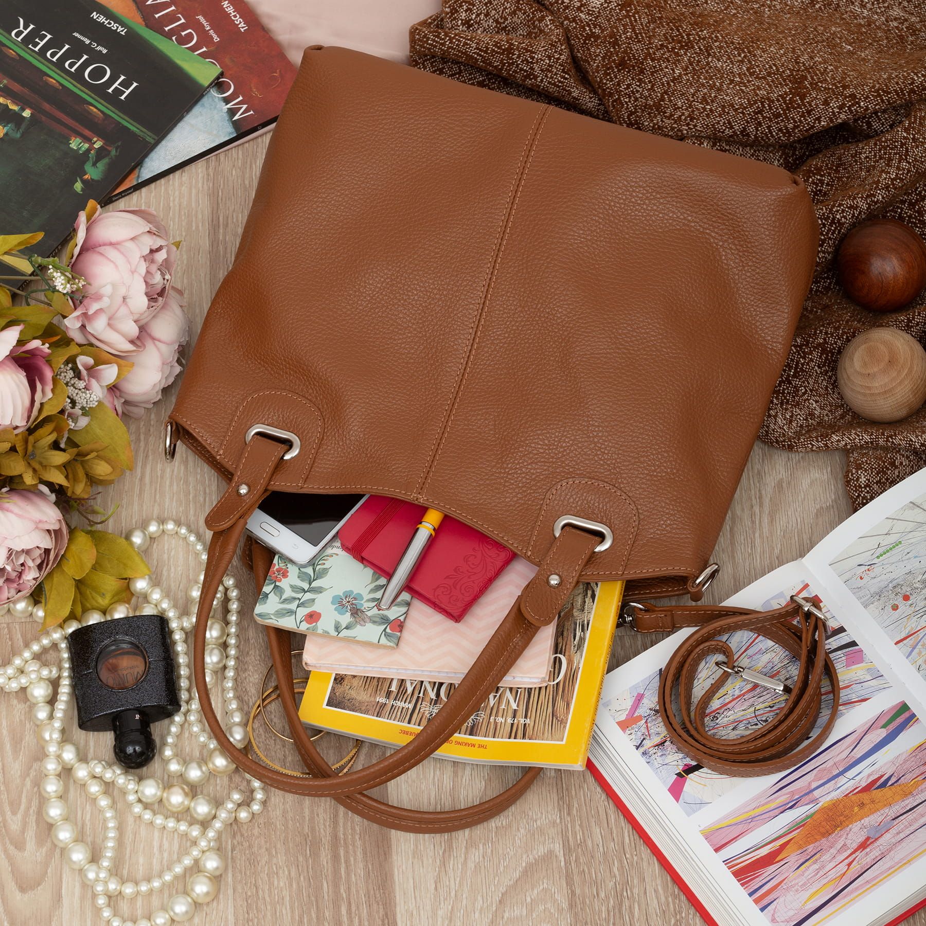 VERA PELLE torebka skórzana shopper z paskiem na ramię V658 camel