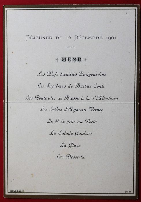 Marcador mesa c/menu Legação de Portugal Paris 1901 Rainha D Maria Pia