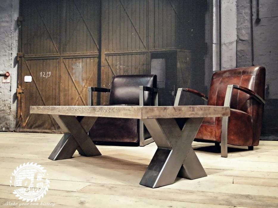 Stolik kawowy ze stali i drewna X-Mini stare drewno