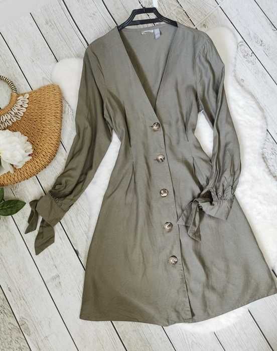 Asos Sukienka Khaki Koszulowa Wiskoza Len Guziki Boho Hippie Retro S