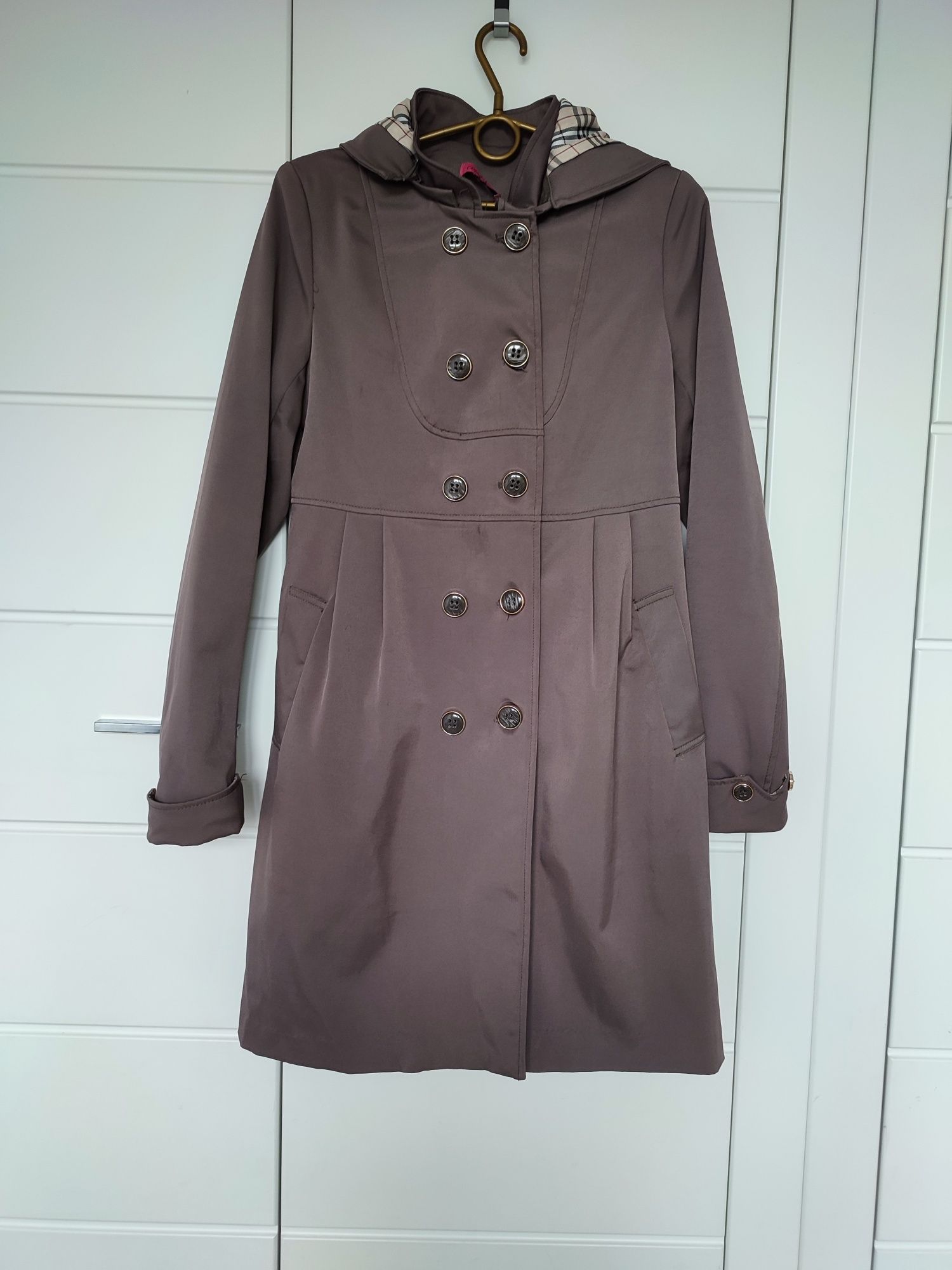 Płaszcz wiosenny jesienny z kapturem, elegancki 42  kratka BURBERRY