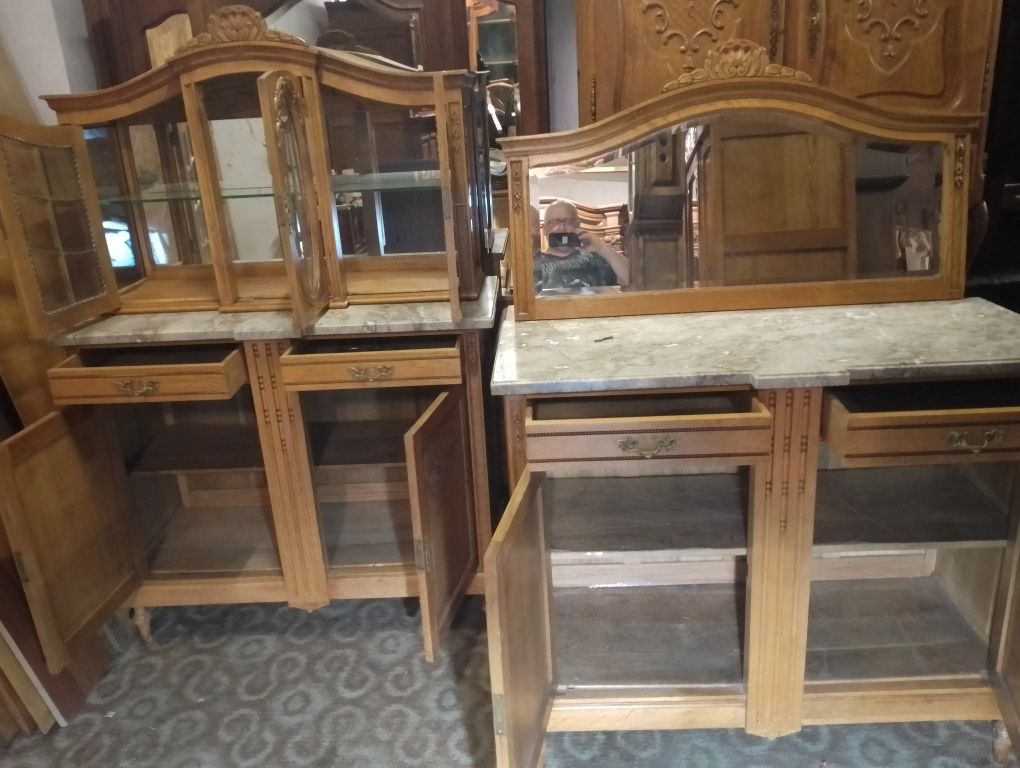 Piękny stary komplet kredens + pomocnik antyk  jasny dąb z marmurem
