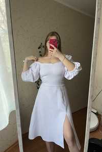 Біла сукня міді з розрізом на розпис, весільна, коктельна сукня, л/хл