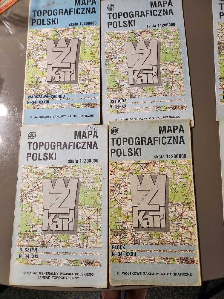 Zestaw 42 sztuk Map topograficznych Polski skala 1 do 200 tysiecy