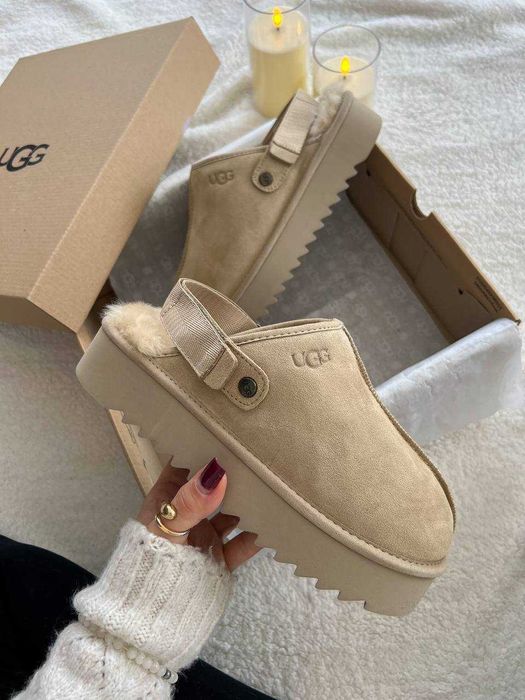Угги UGG Lanah Clog Brown Beige Platform / Уггі Ланах Клог бежеві замш