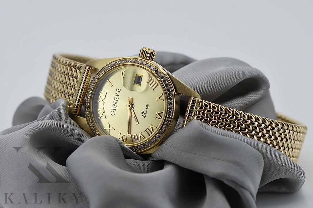 Złoty zegarek damski 14k z BRYLANTAMI 0.25ct Geneve lwd078y&lbw003y W