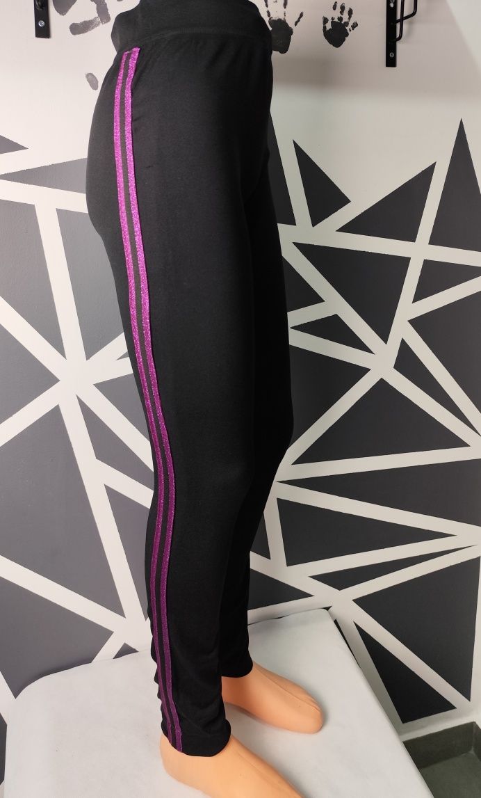 NOWE Damskie czarne legginsy różowe paski rozmiar M