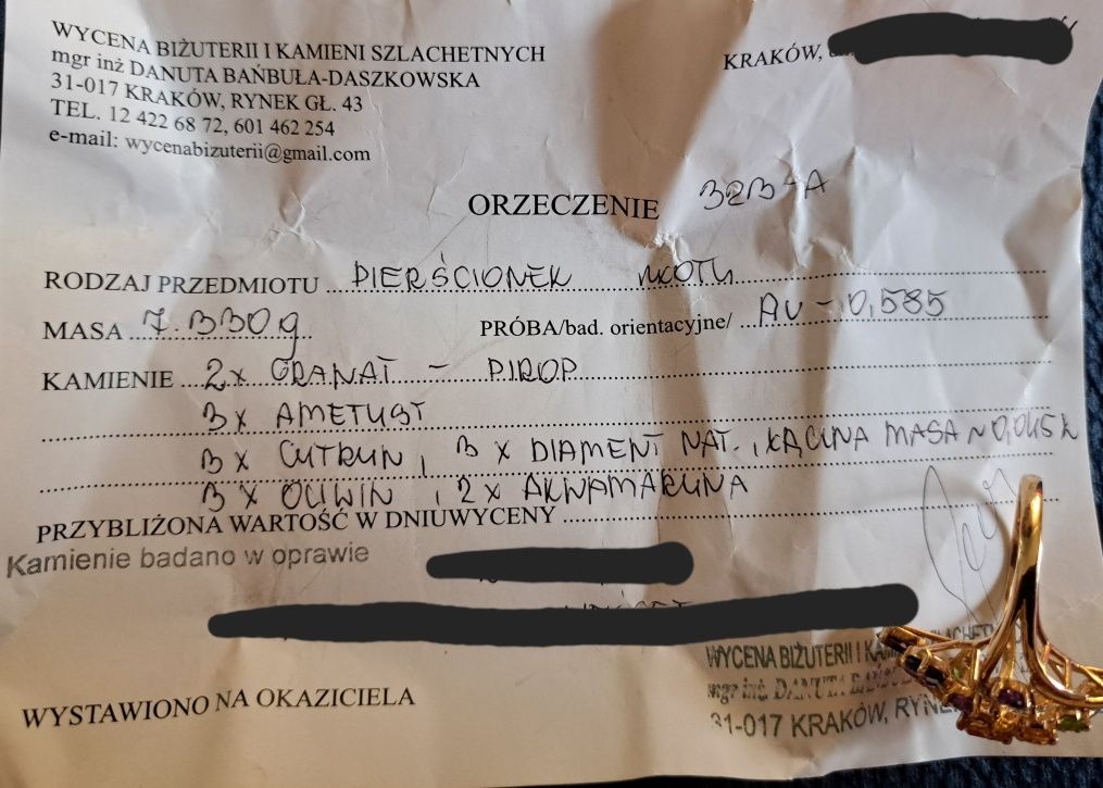 Złoty pierścionek z diamentami i kamieniami szlachetnymi CERTYFIKAT
