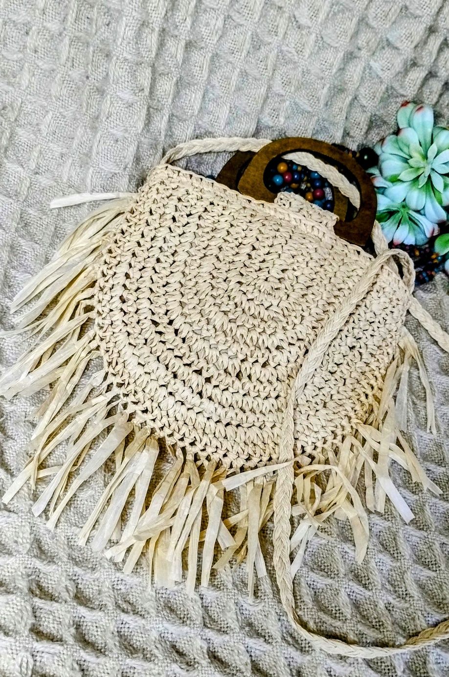 Pleciona letnia torebka, drewniane rączki, podszewka, frędzle,boho,eco
