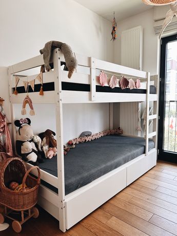 Łóżko piętrowe IKEA MYDAL + szuflady MALM na pościel + nowe materace