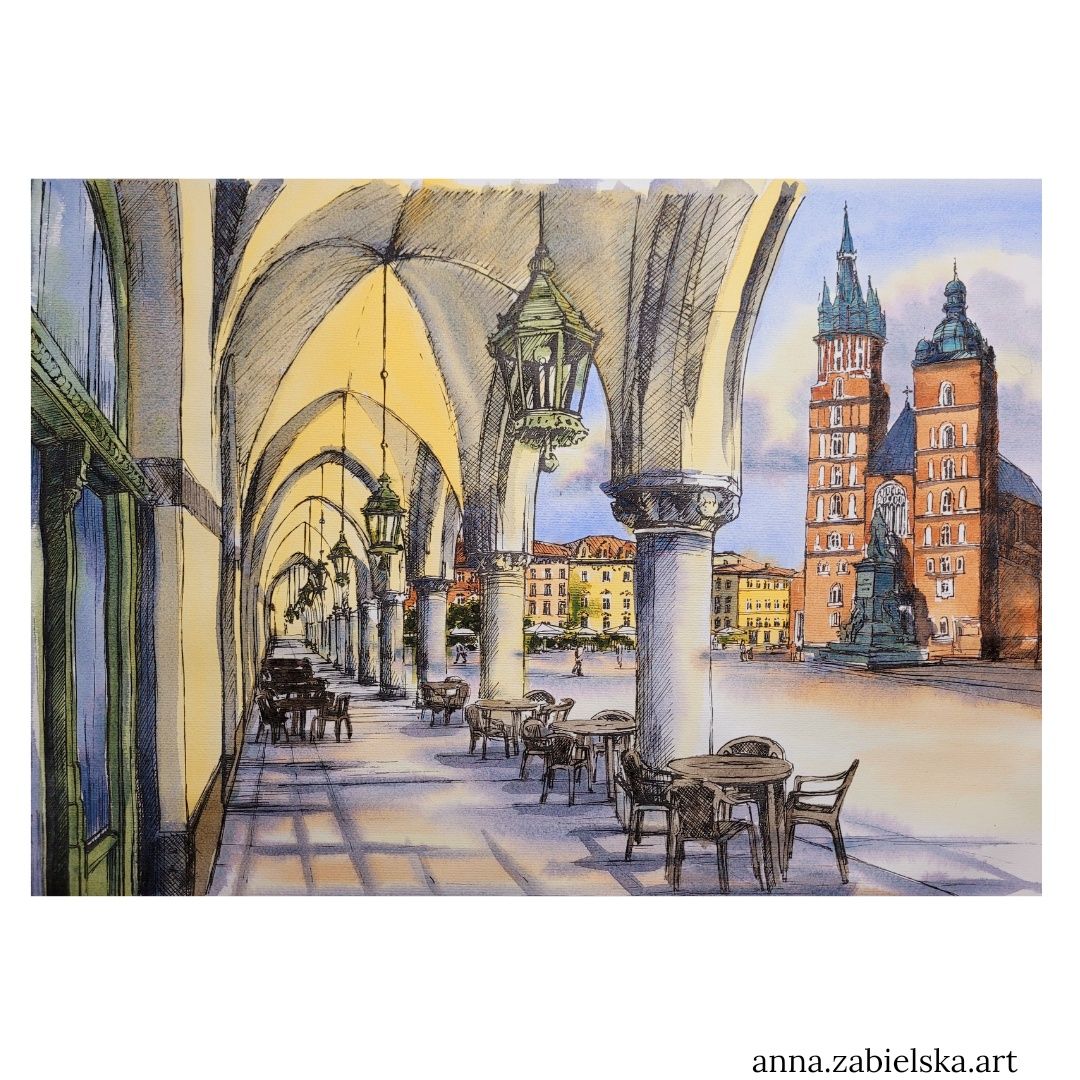 Pejzaż miejski Kraków 24x33 cm tusz I akwarela, prezent, architektura