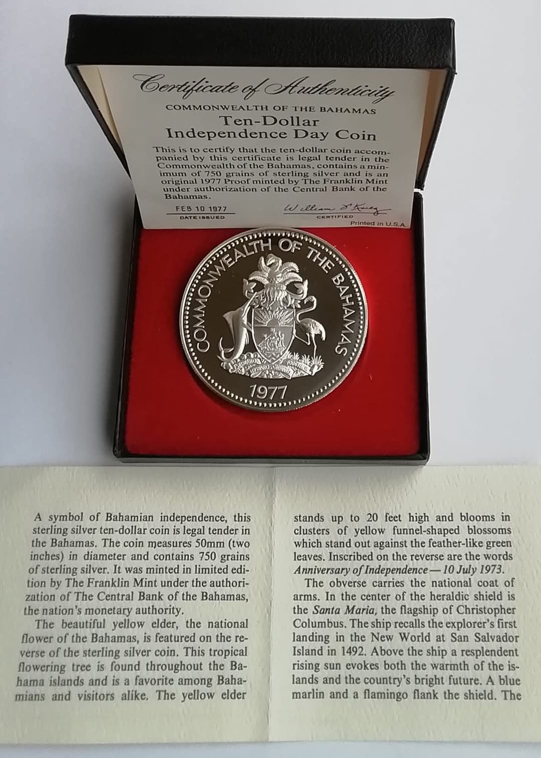 Багамські о-ви 10 $ 1977р. СРІБЛО. ПРУФ. Сертифікат. 49,1 грам.