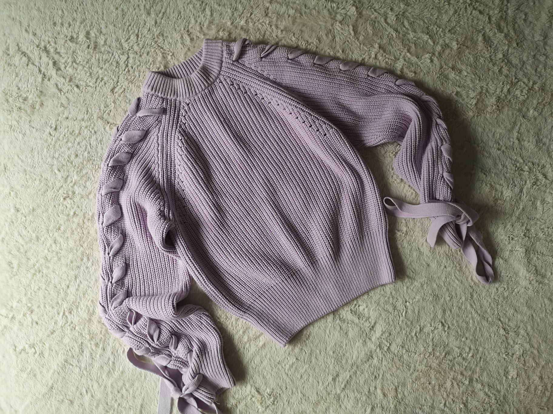 H&M sweter bawełna fioletowy liliowy wiązane rękawy r. 34/XS