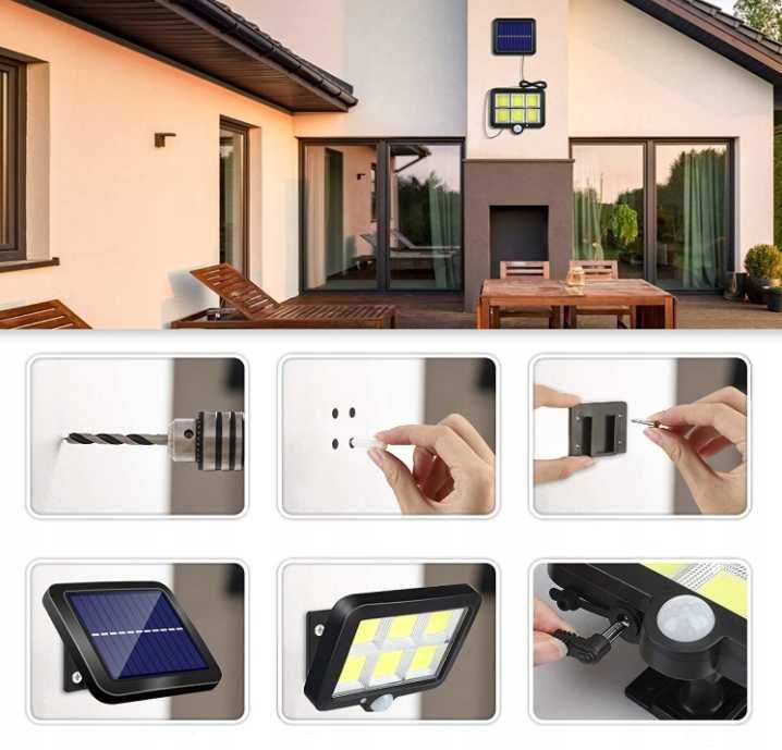 Lampa Solarna 120COB Czujnik Ruchu Zmierzchu Pilot na słońce