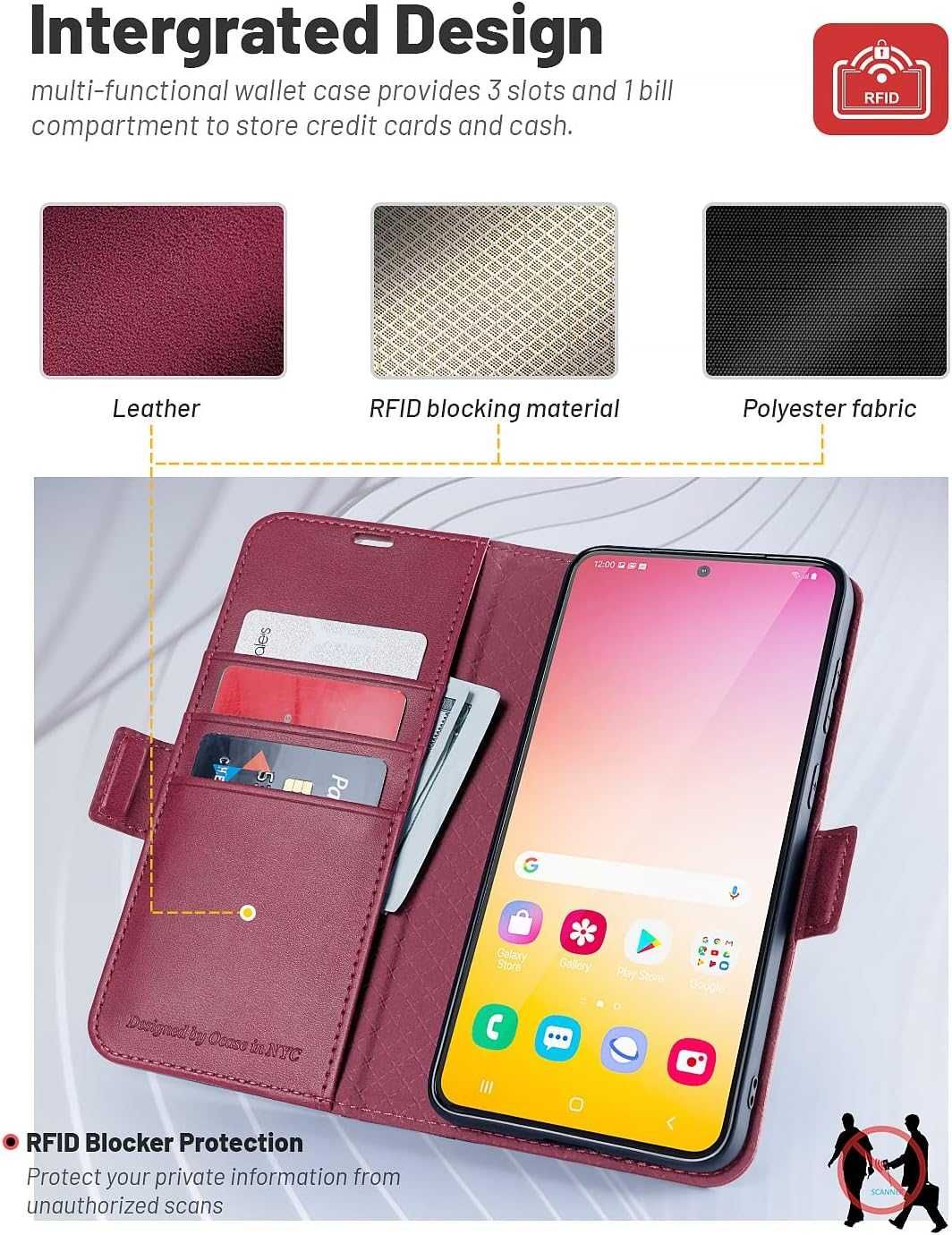 OCASE Etui z klapką skórzane Samsung Galaxy S23 PLUS Portfel bordowe