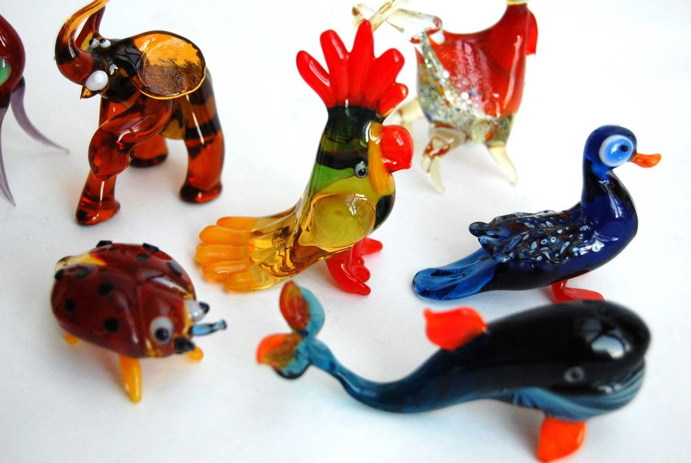 Szklane zwierzątka, figurki ze szkła, PRL, vintage