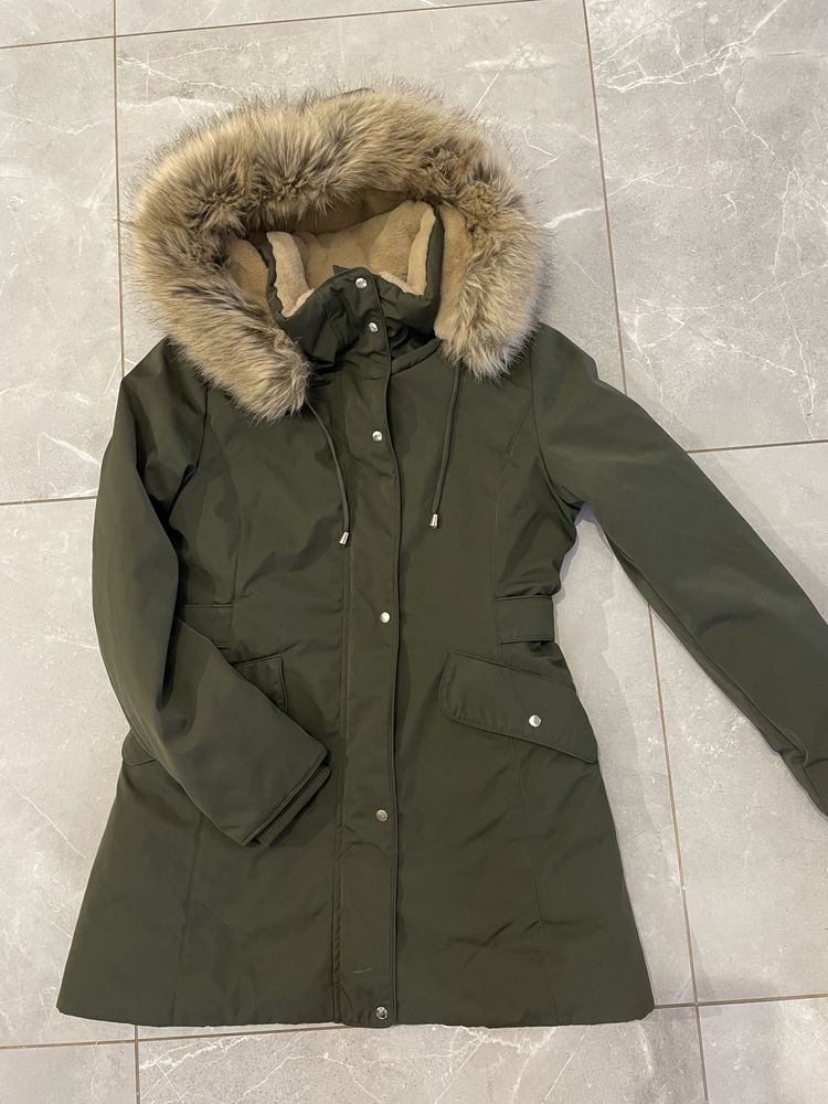 Zara kurtka zimowa parka miś futerko M 38 khaki płaszcz