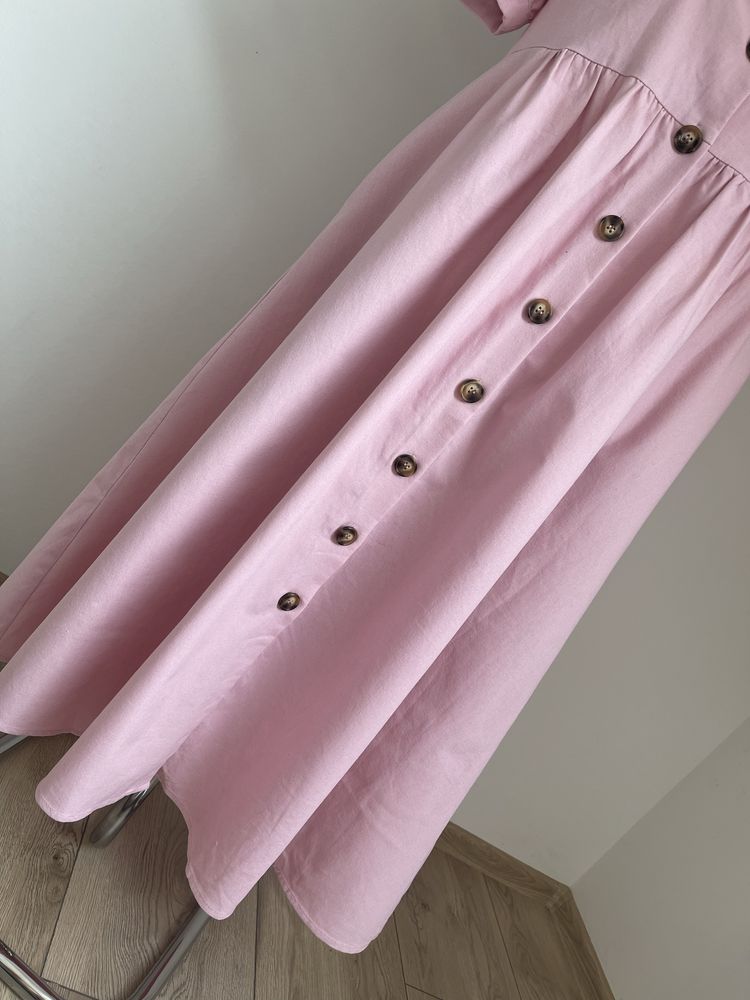 Różowa sukienka z kieszonkami len+bawełna r.48