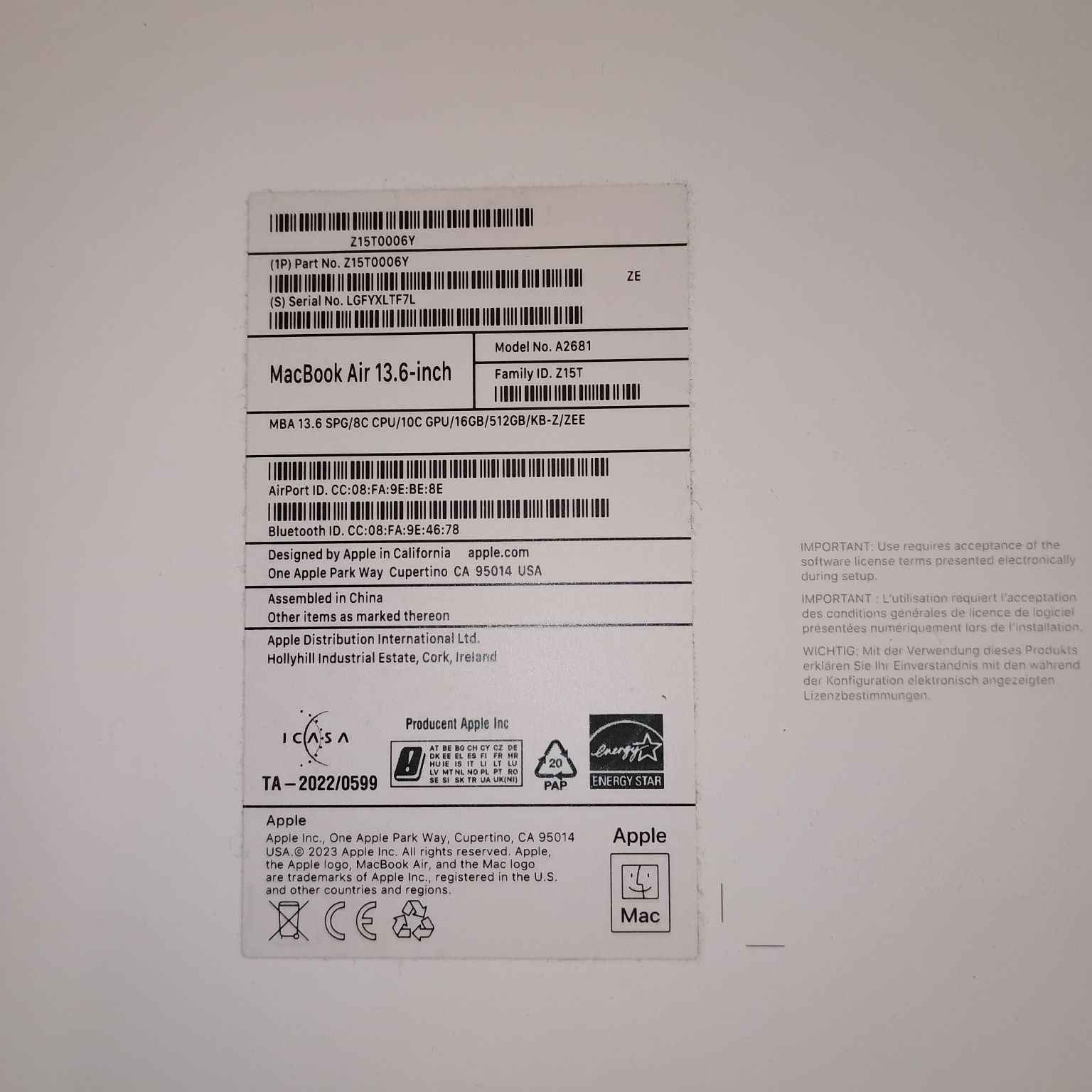 Apple MacBook Air 13" M2 model A2681
SLGFYXLTF7L
1NLN00