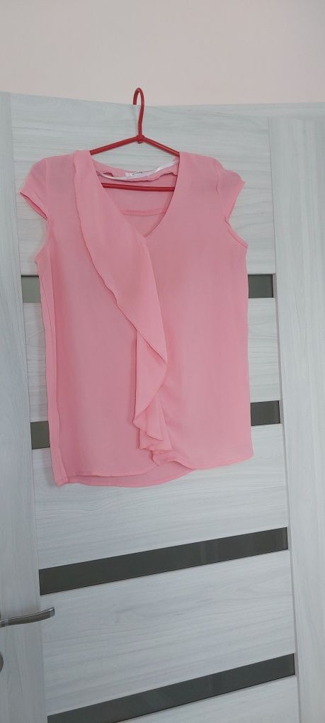 Bluzka top różowa krotki rekaw S M z falbanka women