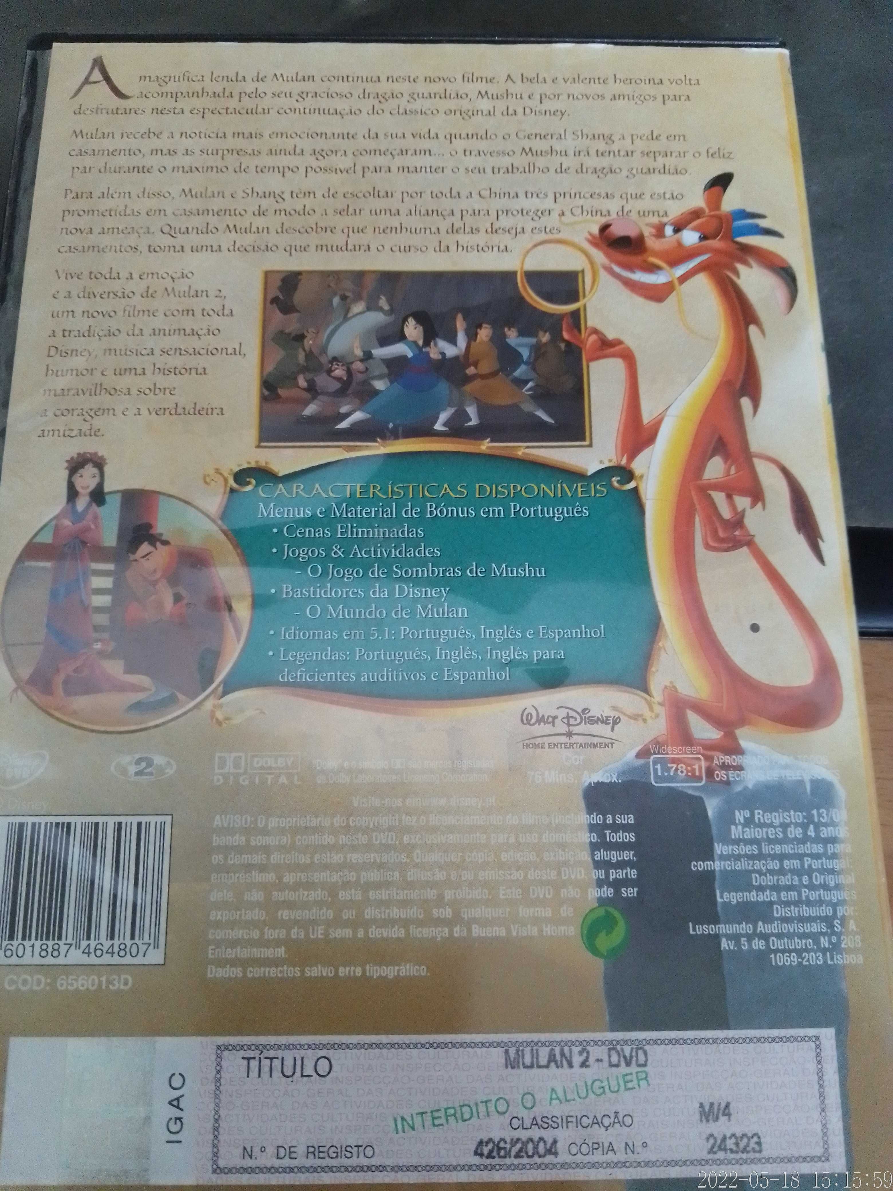 Dvd MULAN 2 II Filme Dobrado em PORTUGUÊS da Disney Mulam Animação