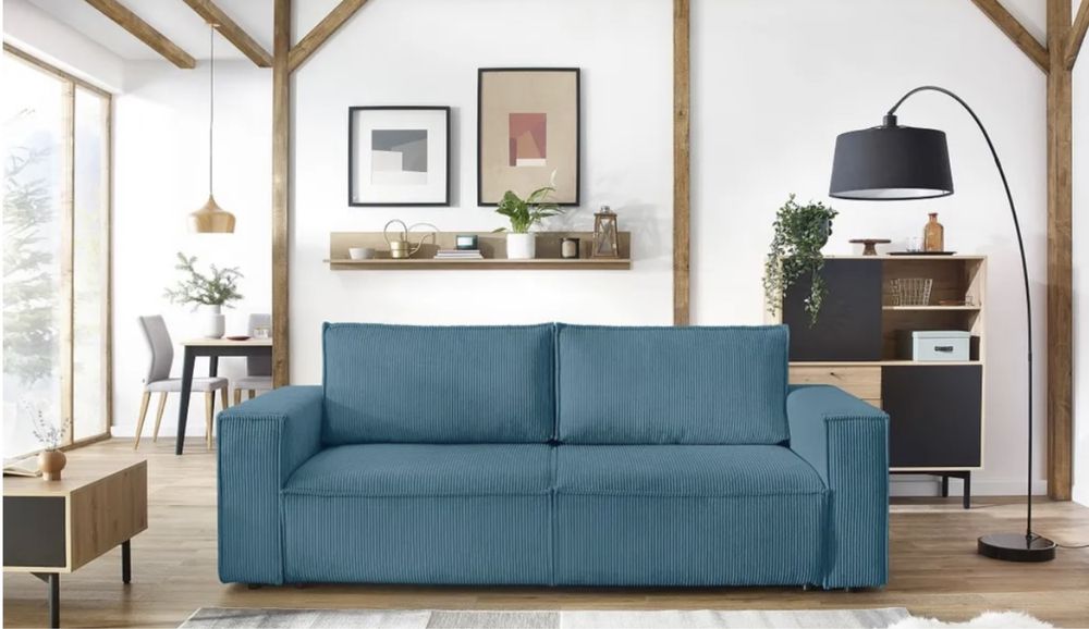 Turkusowa sztruksowa sofa rozkładana Bobochic Paris Nihad, 245 cm