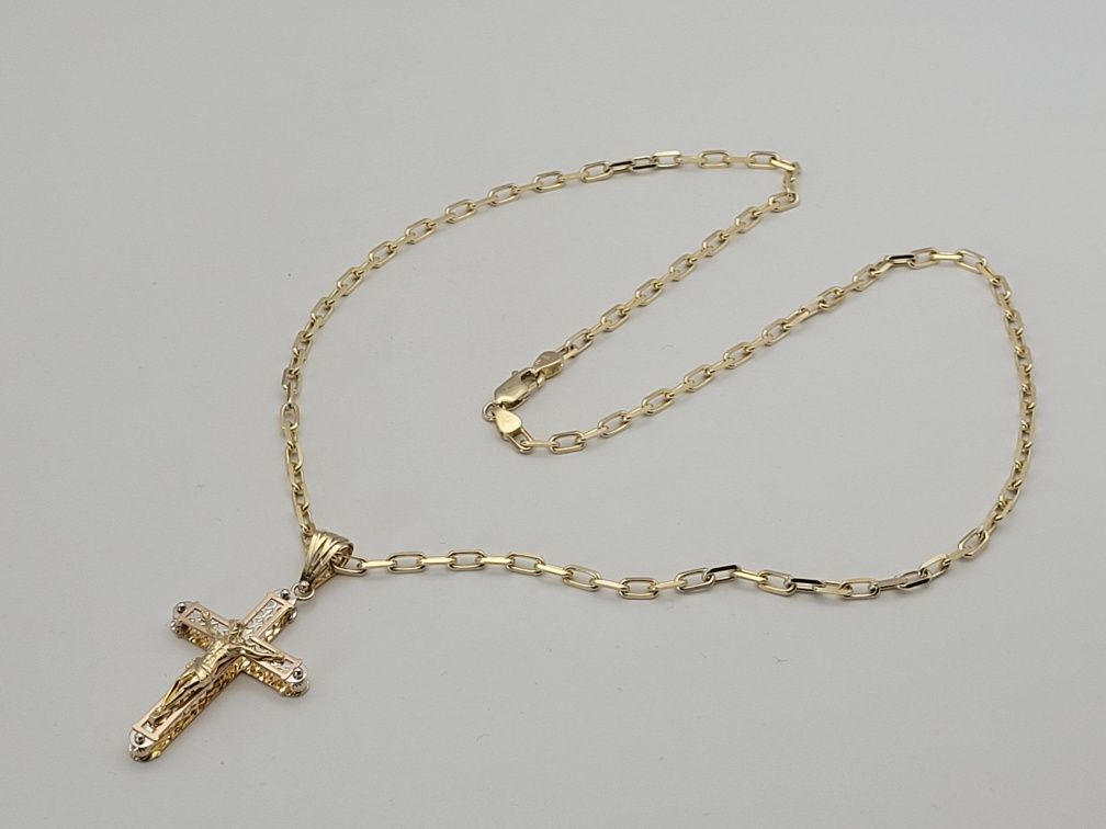 Nowy złoty łańcuszek z krzyżykiem złoto próby 585, ankier 55 cm