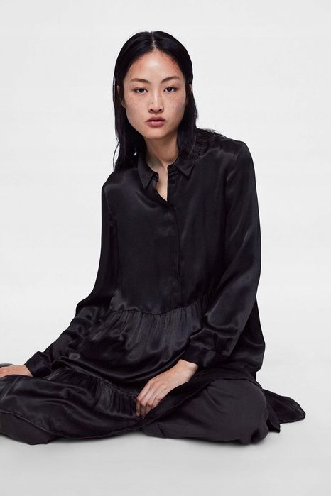 zara sukienka oversize koszulowa premium czarna babydoll S jedwab