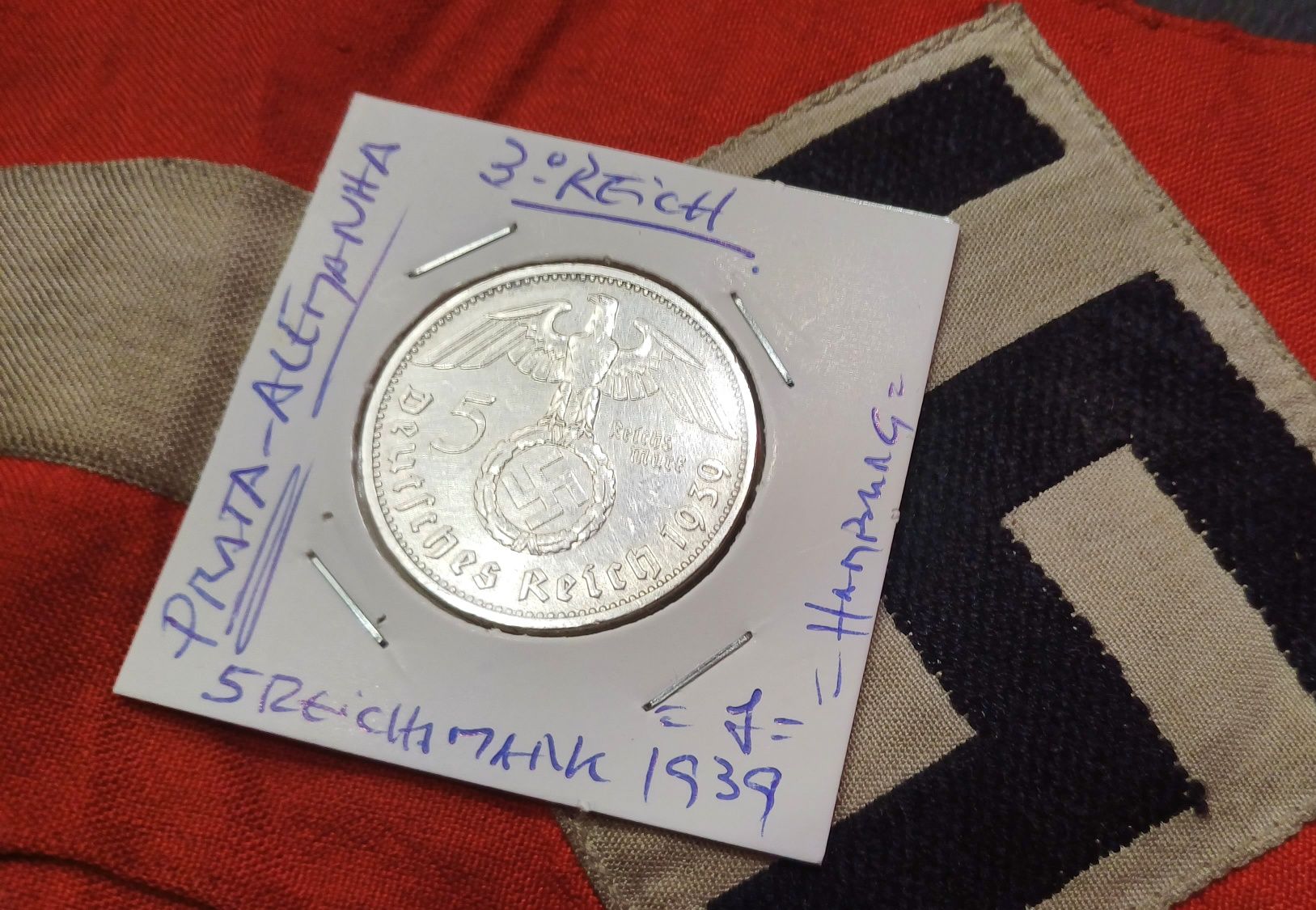 PROMOÇÃO--5 reichsmark PRATA 1939 J escassa Alemanha nazi-suástica