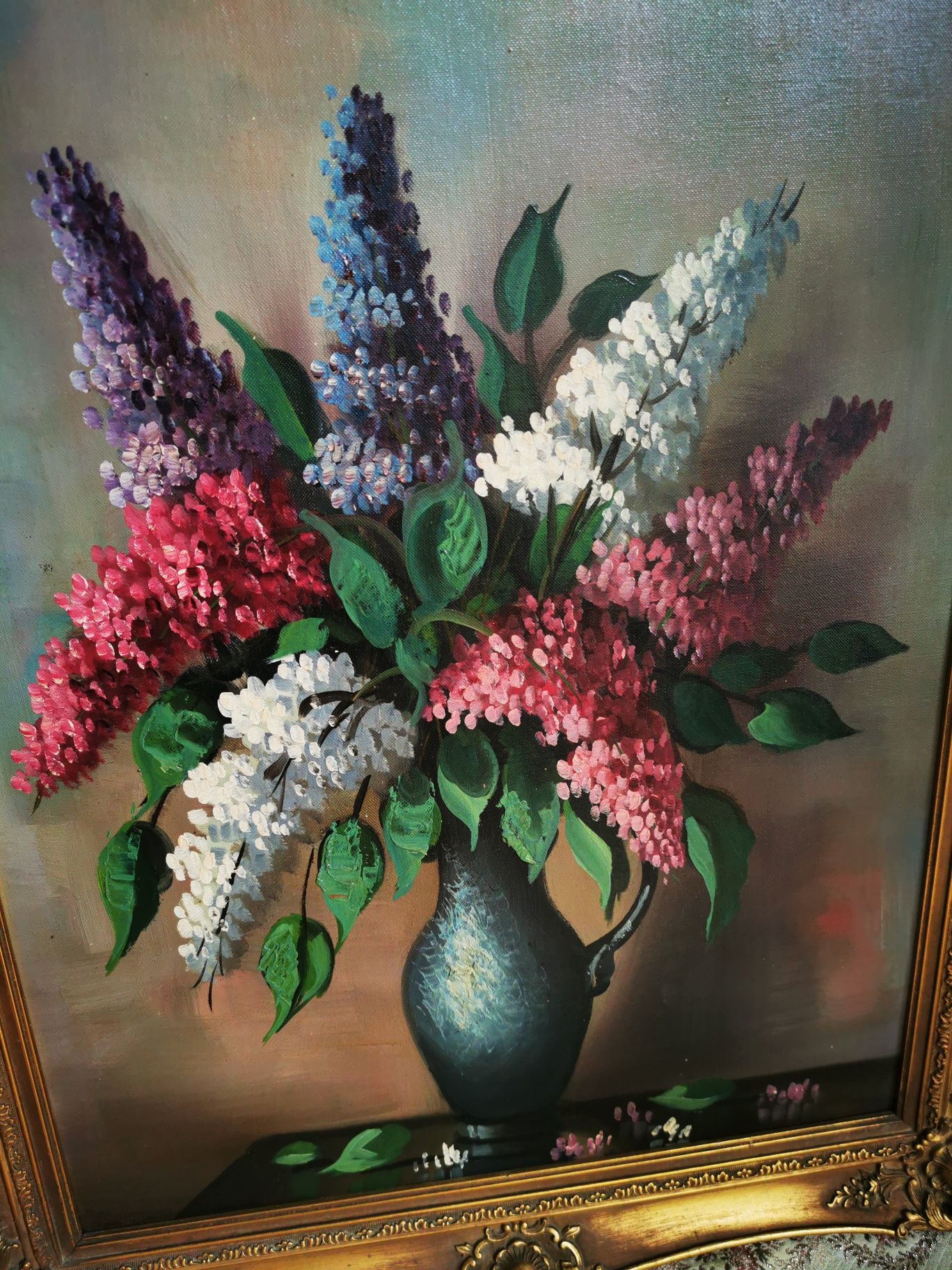 Obraz olejny na płótnie, drewniana ozdobna rama, kwiaty, UNIKAT