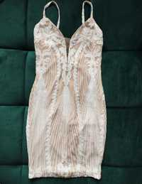 Sukienka beżowa/białe cekiny M38