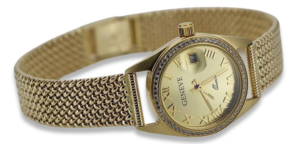 Złoty zegarek damski 14k z BRYLANTAMI 0.25ct Geneve lwd078y&lbw003y W