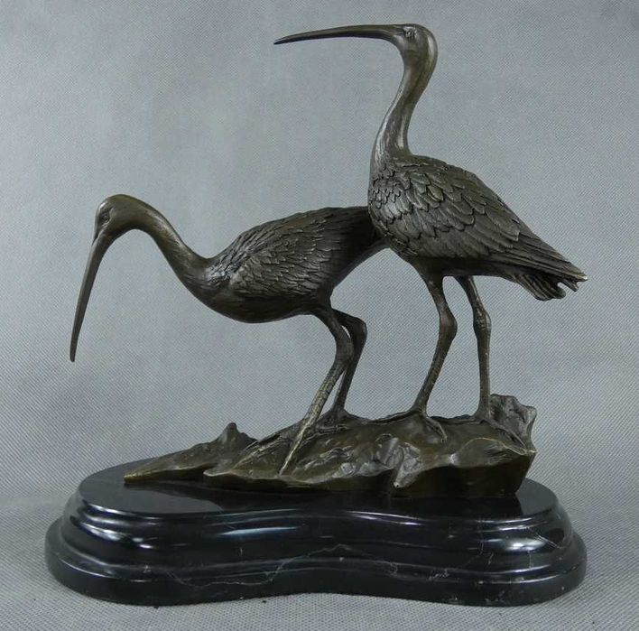 Figura CZAPLA żuraw BRĄZ marmur RZEŹBA sygnowana