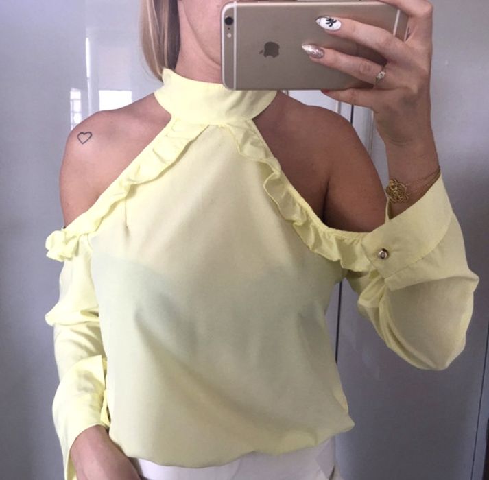 Bluzka żółta odkryte ramiona długi rękaw M 38 S 36 falbana