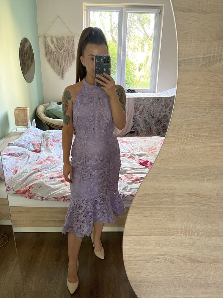 Debut fioletowa liliowa koronkowa sukienka na wesele midi rybka 36 S