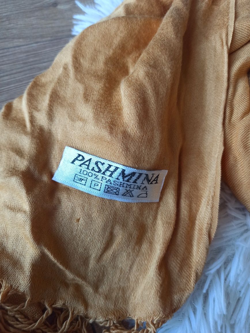 Złoty długi szalik szal chusta 100% pashmina kaszmir wiosenny