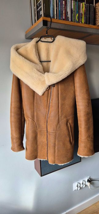 Kożuch damski rozm. S ciepły, duży kaptur Pilotka skóra owcza