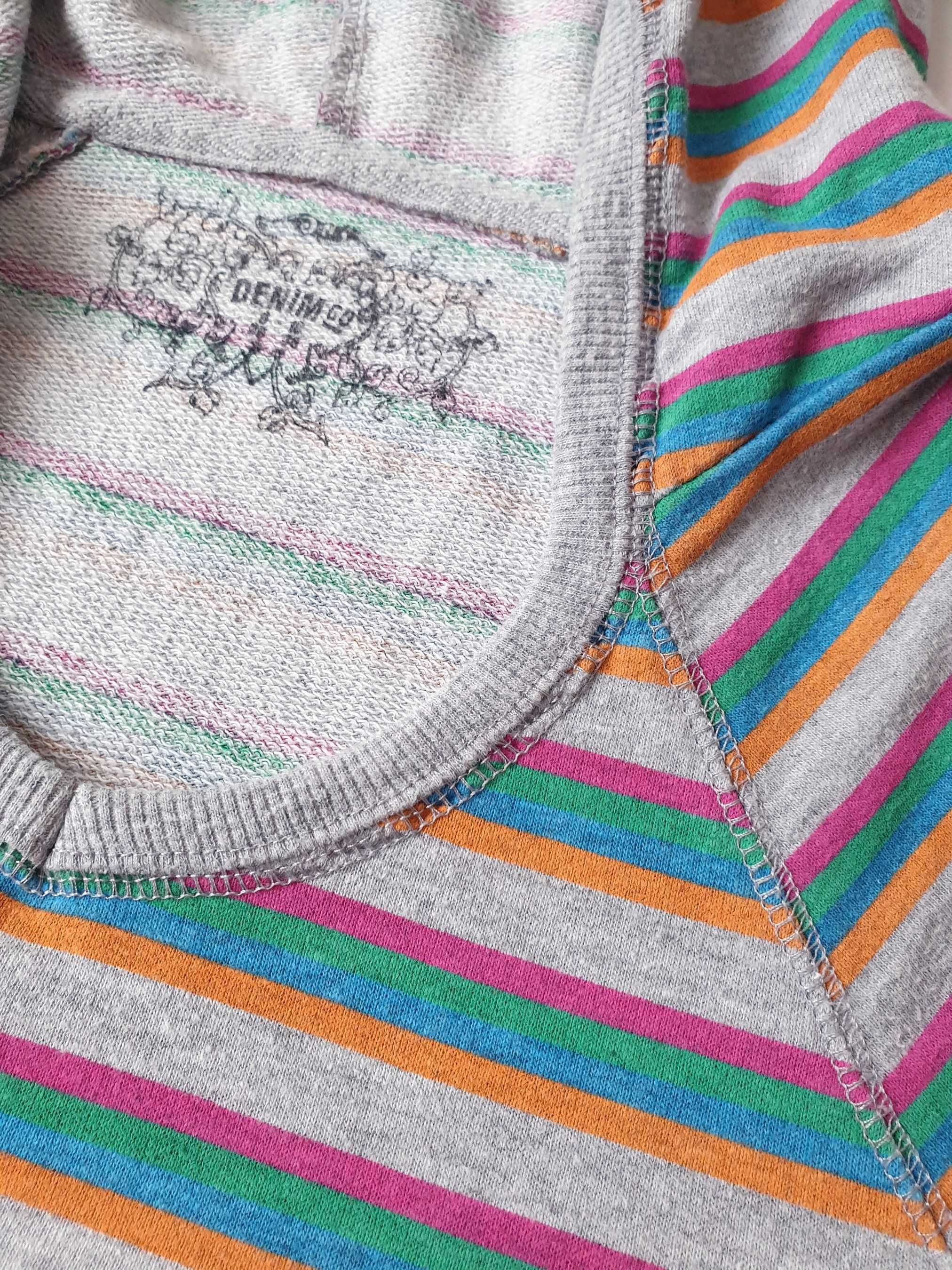 Bluza Z Kapturem Kangurek Hoodie Szary W Kolorowe Paski Y2K 00s Vibe S