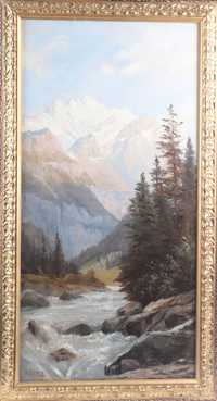 quadro antigo final do séc 19 austríaco KARL FLIEHER Alpes paisagem
