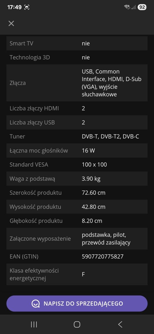 Telewizor HDReady 32 cale Lin 32LHD1610 DVBT2