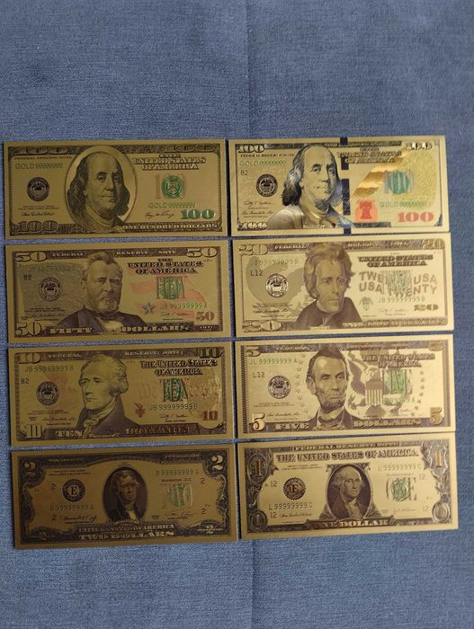 zestaw banknotów dolarowych złoconych 8 sztuk