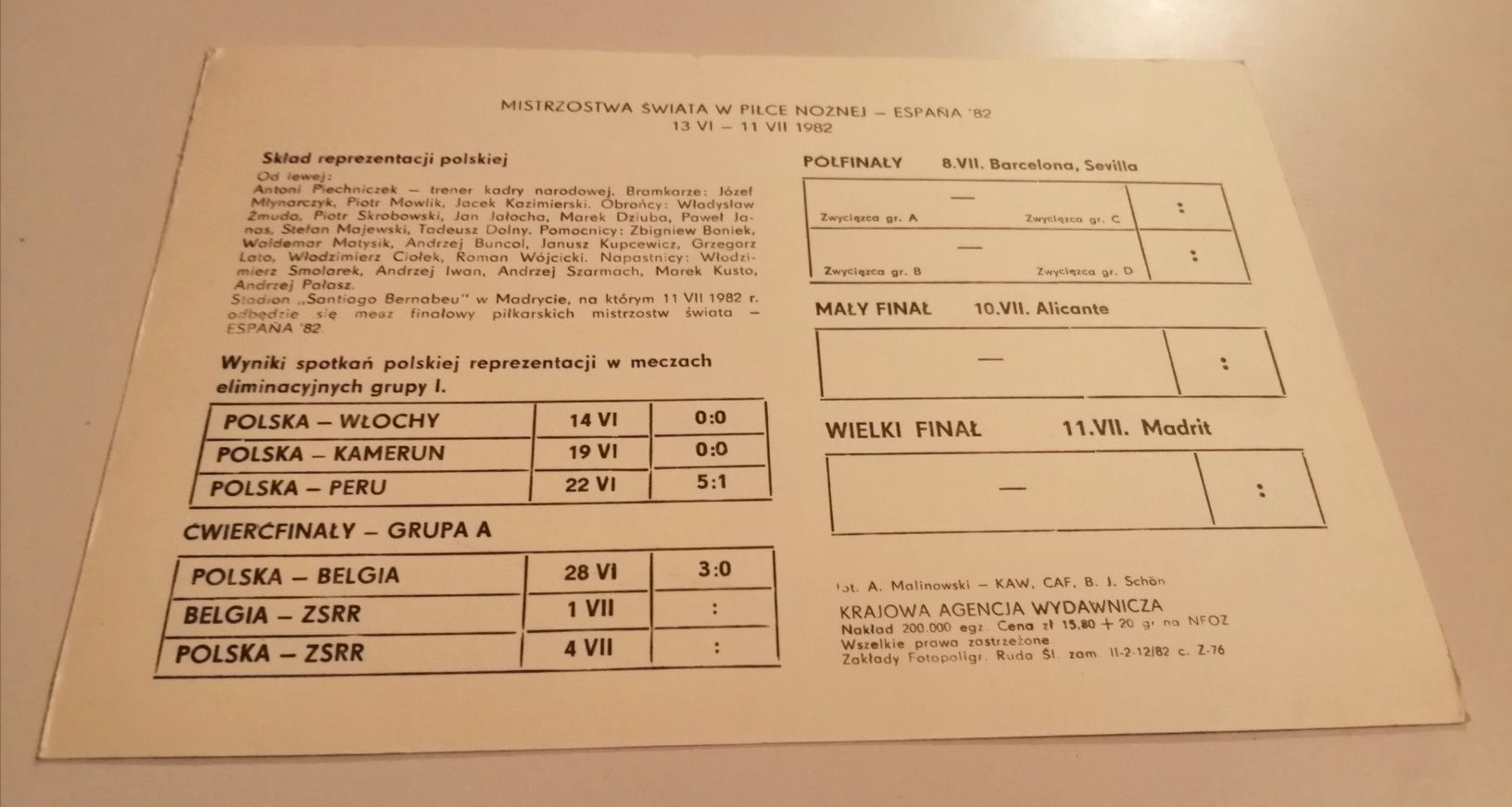 Karta Espana 82 Skład reprezentacji Polski