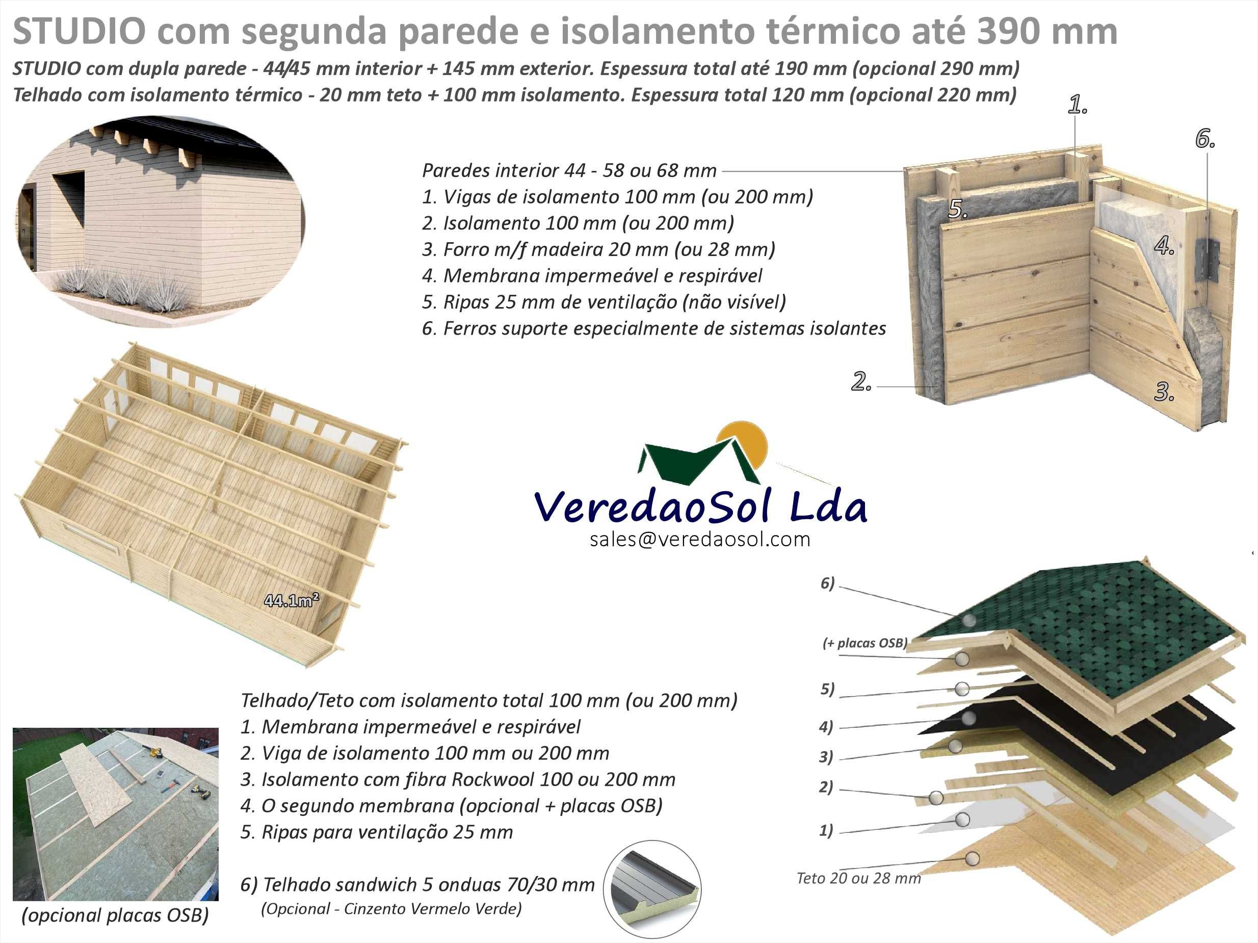 Casa de madeira STUDIO 6x8 44mm área coberta 54m² - Tiny House