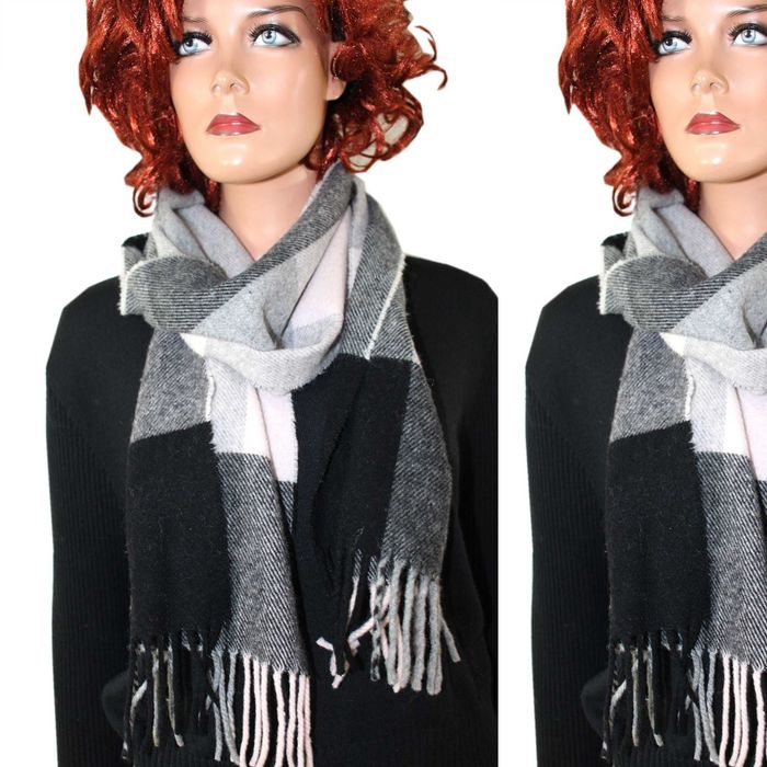 sl3 ciepły wełniany szalik z frędzlami Krata 26x180