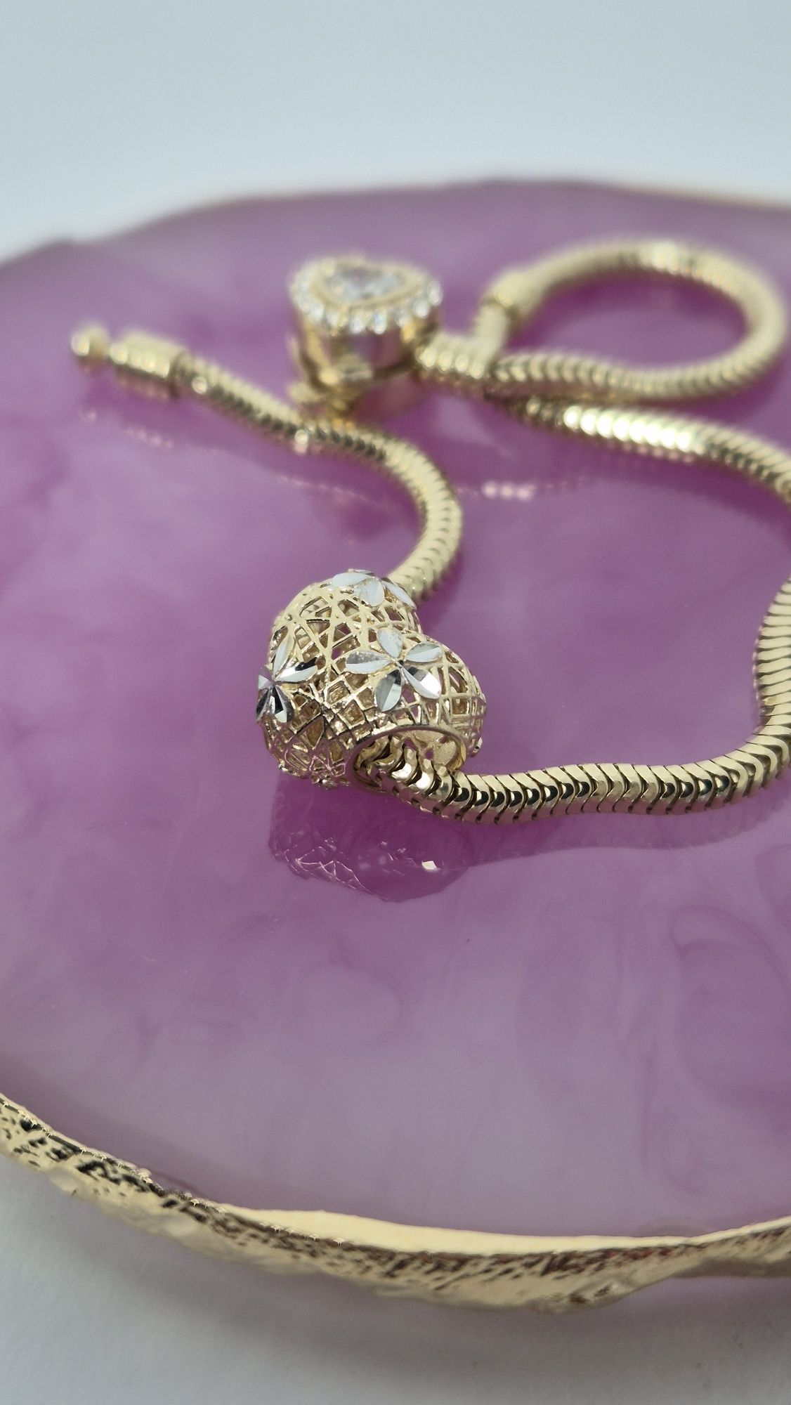 Nowy złoty charms do bransoletki typu Pandora serce dwa kolory złota