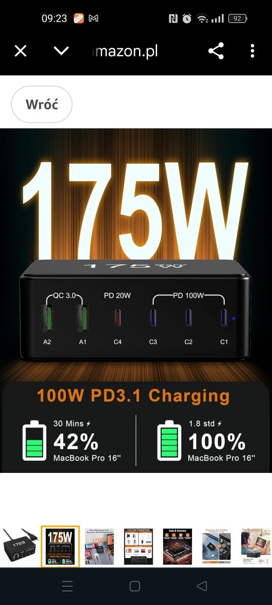 Ładowarka USB C 175 W GaN, Zasilacz 6 Portów